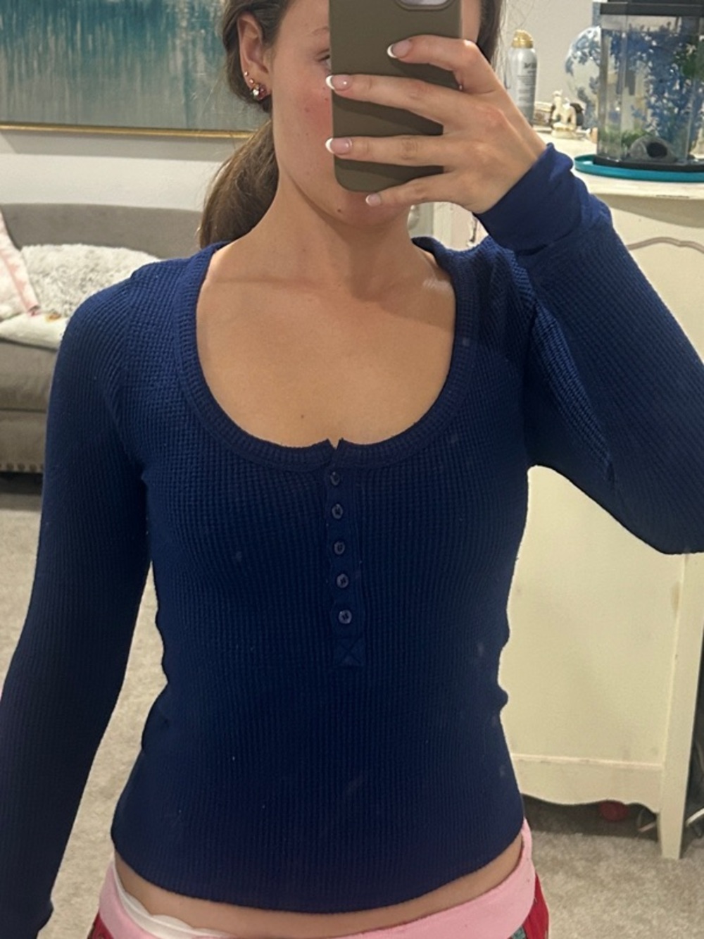 Altar'd State Navy Waffle-Knit Scoop Neck Henley Long Sleeve